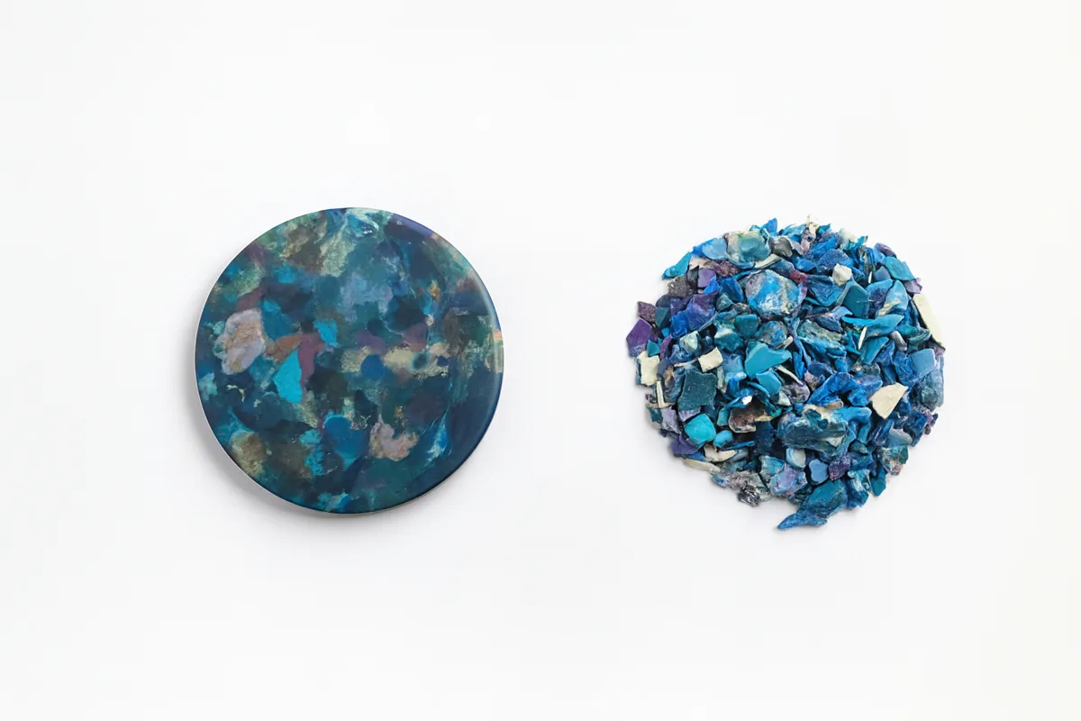 Paillettes de plastique bleu et le prototype pressé qu'elles deviennent